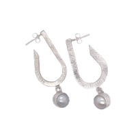 Sterling Silver Brushed Earring Length with Pearl 50mm.