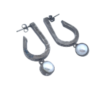 Sterling Silver Oxidized Earring Length with Pearl 50mm.